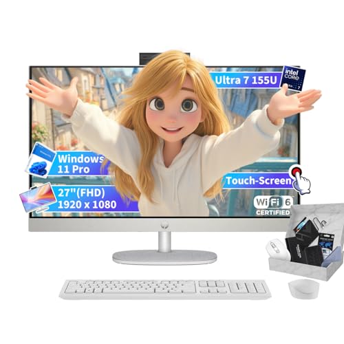 Image of HP All-in-One Touchscreen Desktop Computer - 27 inch FHD IPS LED Touch Display, Intel 12-Core Ultra 7-155U, 64 GB DDR5 RAM, 1 TB SSD, Windows 11 Pro, Adjustable Height, WiFi 6, Shell White