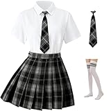 Yarawphy Women Schoolgirl Costume Korean School Uniform Sailor Short Sleeve Button Blouse Plus Size Pleated Skirt Gray Large