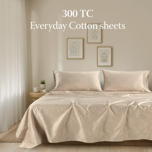 Image of Threadmill 300 Thread Count Cotton Full Sheet Set, Sateen, Damask, Beige | 100% Cotton, Sateen Weave, Damask Pattern, 4-Piece Set, 16 inch Deep Pocket, Cooling, Fade-Resistant, OEKO-TEX Certified