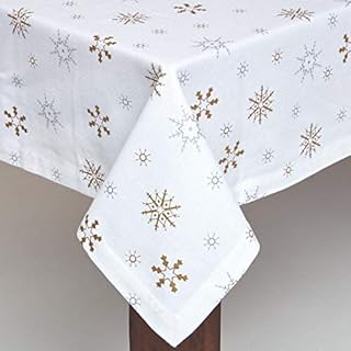 HOMESCAPES - Christmas - Tablecloth - Gold Snowflake - X Mas Design - 54 x 54 Inch - 100% Cotton - White and Gold Colour - Washable at Home