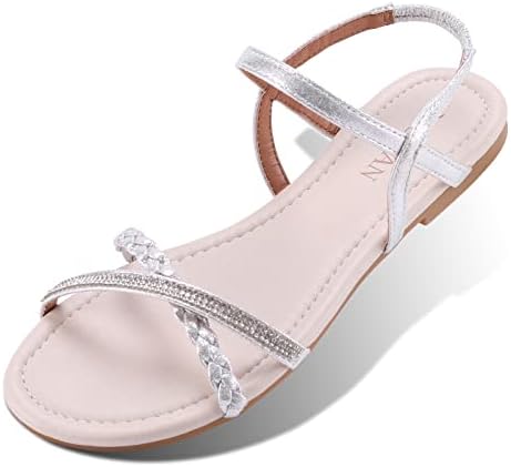 MUDAN Womens Shoe Flat Braided & Rhinestone Comfortable Slingback Sandal (8 B(M) US, Silver)