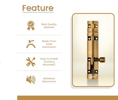 Image of LAPO 2 Pack Premium Aluminium Tower Bolt 4 Inch /Tower Bolt for Main Door and Bathroom /Kundi /Latch /Chitakni /Latch for Main Door /Tower Bolt for Home,Offices Doors,Windows (Antique Finish, Pack of 2)