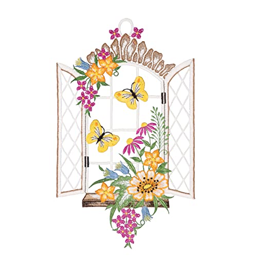 Plauener Spitze Fensterbild Frühlingsfenster farbig 19 x 32 cm Fensterdeko Fensterschmuck Bilder Handarbeit Deko Fenster