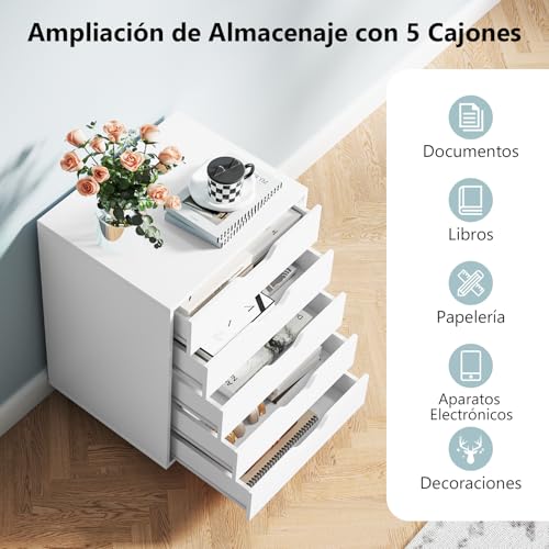 Miniatura 4 de Costway Cajonera Con 5 Cajones, Cajonera Escritorio Con Ruedas, Archivador Móvil De Oficina, 50x42x67cm, Blanco