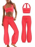 Panadila Women 2 Piece Yoga Sets Pilates Outfit Halter Sports Bra Fold Over Flare Leggings Matching Workout Set, Red, M