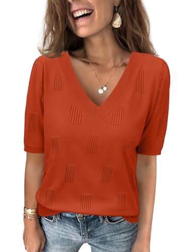 ATHMILE Summer Tops for Women 2025 Short Sleeve V Neck Sweaters Dressy Casual Blouses Lightweight Thin Knit Fashion Shirts