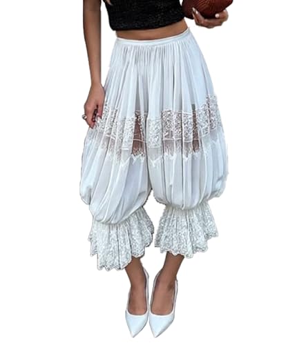 Image of UAURORAO Women Lace Trim Bloomer Pants Flowy Culottes Pantaloons Bloomers