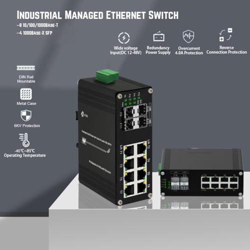 Image of Industrial Gigabit Managed L2 Ethernet Switch - 8 Ports 10 /100 /1000Base-T + 4 Ports 1000Base-X SFP Hardened Web Management DIN Rail Network Switch Support USB-C Port Connection and Ring Network