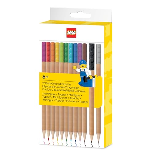 IQ LEGO 12er-Pack Buntstifte mit Bleistiftaufsatz (52064) 2x2 LEGO Stein Aufsatz 12 leuchtende Farben Kompatibel mit LEGO-Briefpapiersystem ab 6 Jahren 12 Buntstifte