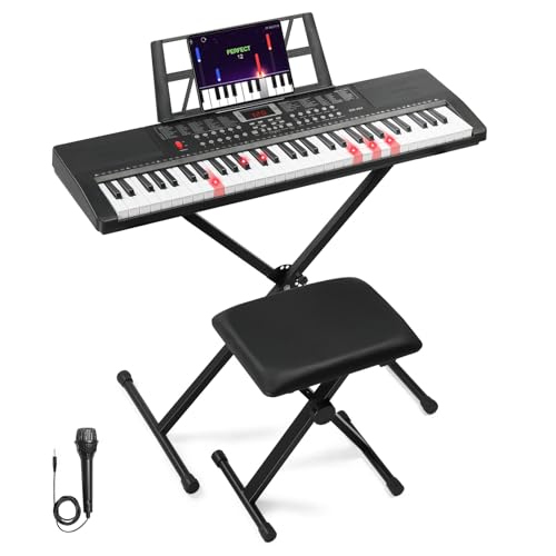 Bonnlo GEP-110S01 Piano Numérique, Clavier Lumineux 61 Touches avec support de Piano de Style X, Banc de piano, Haut-parleurs intégrés, Casque, Microphone, Pupitre, écran LED, 3 Modes d'Apprentissage
