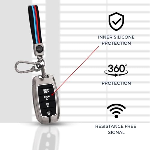Image of KEYCEPT Metal Key Cover Compatible for Kia Seltos | Sonet | Carens 4 Button Smart Key with Keychain (Long Keychain).