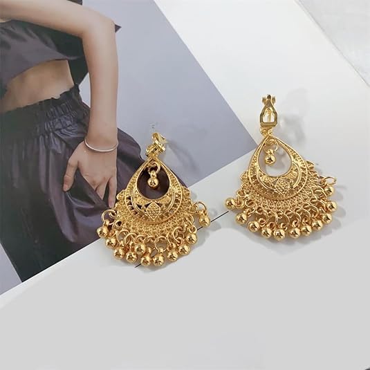 Vintage Indian Jhumka Jhumki Statement Clip On Earring Boho Ethnic for Women Bollywood Traditional Gypsy Bohemian Gold-tone Small Balls Tassel Dangle Drop Festival Holiday Party Non Pierced Ears Jewelry3