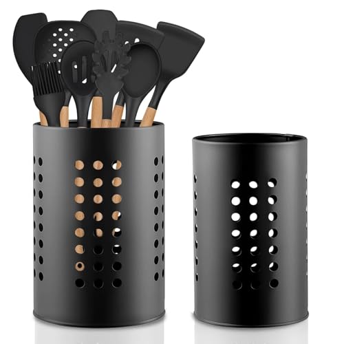 Dulynva 2 Stück Küchenutensilienhalter Schwarz Utensilienhalter Küche Edelstahl Behälter für Küchenutensilien Besteckabtropfkorb Küchentheke...