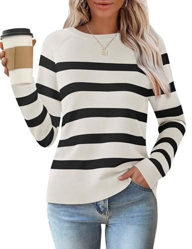 ZESICA Women's Long Sleeve Lightweight Striped Tops Fall Crewneck Ribbed Knit Loose Shirts 2025 Trendy Clothes,White,Small