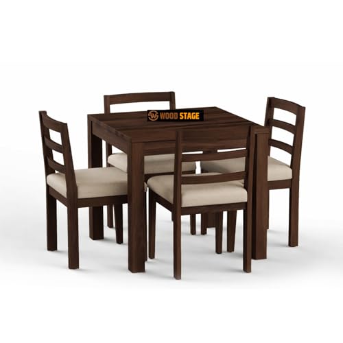 Image of WOODSTAGE Solid Sheesham Wood 4 Seater Dining Table with 4 Cushion Chairs - Ideal for Dining Room, Living Room, Hall, Home - Wooden Furniture Dinner Table Set (Walnut Finish)