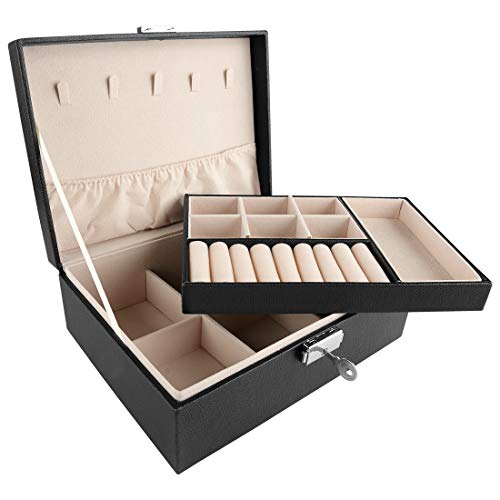 Linkidea Jewelry Box for Women, Jewelry Organizer Boxes, Black Travel Necklace Earrings Bracelets Rings Case, Double Layer Storage Display Holder with Lock