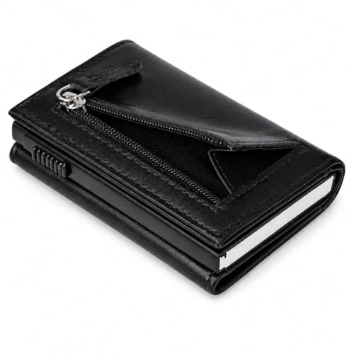 Image of BLACKTHORNE Wallet for Men | RFID Blocking Genuine Trifold Leather Pop-Up Card Holder Wallet | Slim Minimal Design with Aluminium Case Holds 6-8 Cards, Coin Pocket & Magnetic Closure (Black)