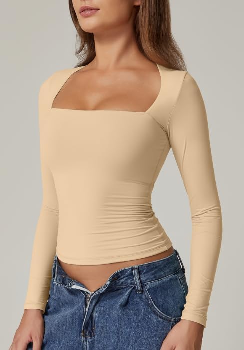 QINSEN Women's Sexy Square Neck Shirt Long Sleeve Double Lined Tees Fitted Going Out Tops - Image 4