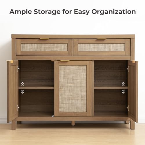 SICOTAS Rattan Sideboard Buffet Cabinet with Storage, Boho Credenza Accent Cabinet with 3 Doors and 2 Drawers, Farmhouse Console Coffee Bar for Kitchen, Living Room, and Entryway, Caramel Oak - Image 6