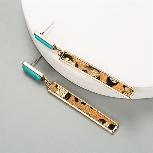 Rectangle Turquoise Dangle Earrings for Women Hypoallergenic Gold Tone Long Charms Birthstone Leopard Print Faux Leather Drop Dangling Stud Retro Lightweight Birthday Holiday Party Jewelry Gifts4