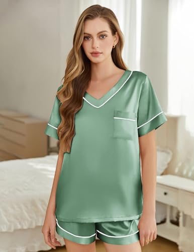 Image of Silk Pajamas for Women Short Sleeve Satin 2 Piece Pj Set Soft V Neck Sleepwear Loungewear, S-XXL