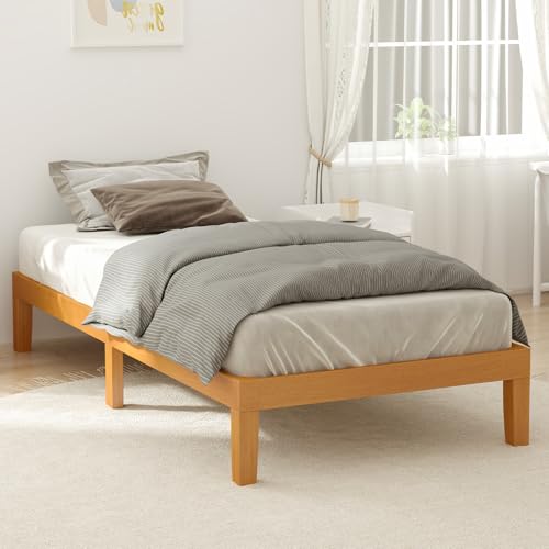 DUMOS Twin Bed Frame, Solid Wooden Bed Base with Wood Slat Support, Sturdy, Stylish & Noise-Free Design, No Box Spring Needed, Easy Assembly, 12 in Natural Pine