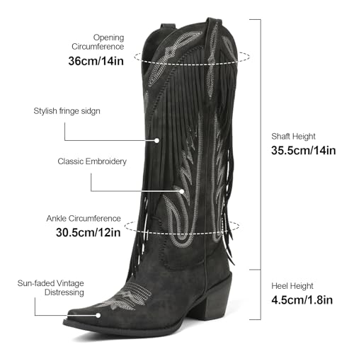 Image of Cowgirl Boots for Women Retro Pointed Toe Pull On Block Chunky Heel Embroide Tassel Country Concert Outfits Mid Calf Western Fringe Cowboy Boots
