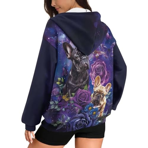 Showudesigns Jacken mit Reißverschluss für Damen, Übergröße, Hoodies und Sweatshirts, Herbstpullover, Frühlings-Tops, Französische Bulldogge, L
