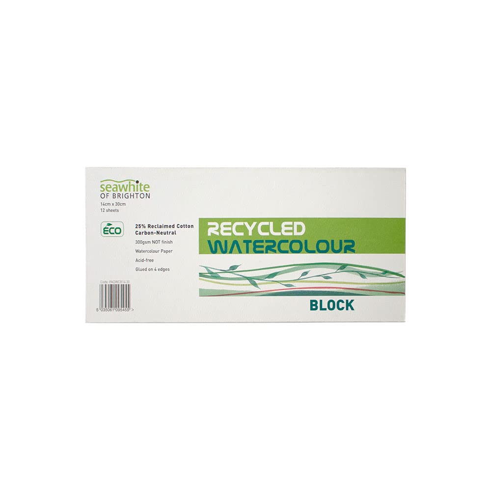 Seawhite Of Brighton Watercolour Recycled Paper Block - 14 x 30 cm - 12 Sheets - 300gsm - GLUED ON 4 Edges - Acid Free - White