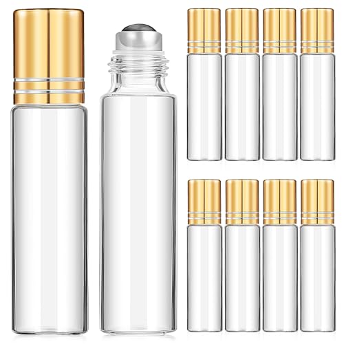 Lurrose Set de 15 Botellas Roll-on Vacías de Vidrio Transparente de 10 Ml, Botellas Rellenables para Aceites Esenciales y Perfumes, Compactas y Portátiles para Aromaterapia y Viaje