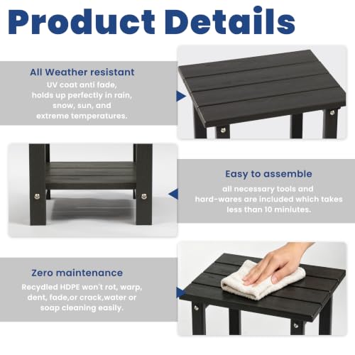 Image of Outdoor Side Table - Rectangular All-Weather HDPE End Table with Wood-Look Finish, Heavy Duty Composite for Patio, Deck & Garden (Black)