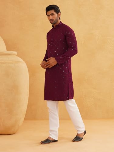 Sojanya (Since 1958 Men'S Cotton Embroidered Sequinned Kurta With White Churidaar Pyjama3