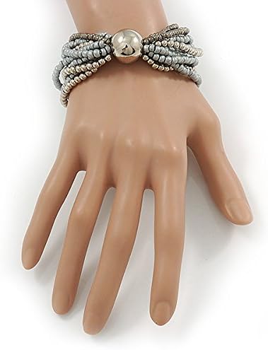 Avalaya Multistrand Glass and Plastic Bead Flex Bracelet with a Ball (Silver/Grey/Hematite) - 18cm L, grey, silver - Image 3
