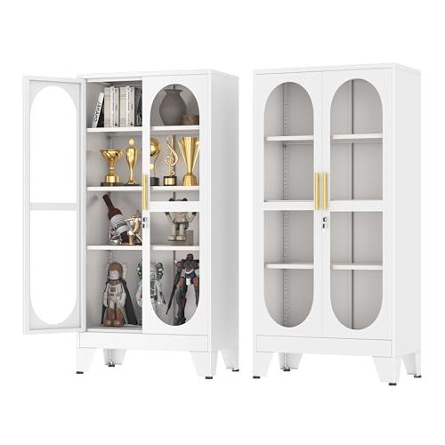 Generisch 155cm hoher schließbarer Vitrinen-Schrank mit Glastür,metallene Kuriositäten-Schränke mit 3 verstellbaren Regalen,hoher Weinschrank-Ausstellungsgehäuse für Wohnzimmer,weiß