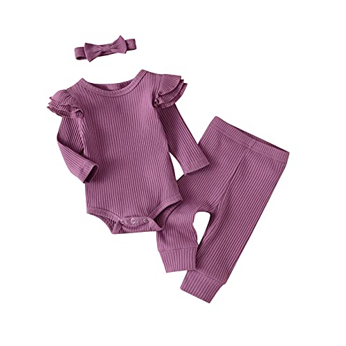 Kulcerry Newborn Infant Baby Girl Clothes Solid Color Ribbed Long Sleeve Romper Pants Headband Outfits Set