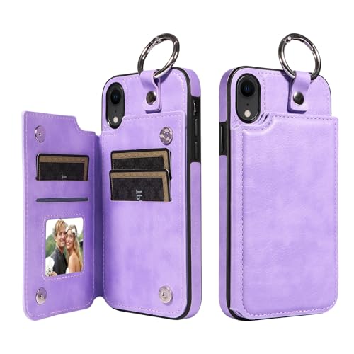 Protection antichoc iPhone XR avec étui portefeuille et anneau anti-chute violet