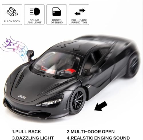 Image of WORSHIPER 1:32 Scale McLaren 720S Die-Cast Model Car � Alloy Metal Pullback Toy Car with Openable Butterfly Doors, Lights & Sound � Kids & Adults (1:32 McLaren 720s Black Color)
