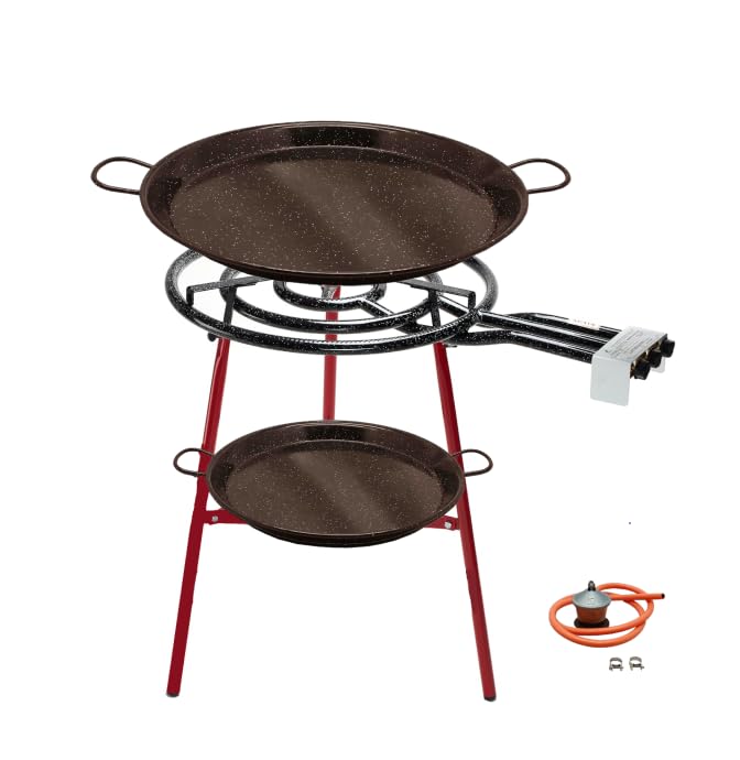 FERRETERIA LEPANTO Kit Paellero, Kit Paellero, Quemador a Gas butano, paellera acero pulido, regulador de Gas + 1,5 metros de Manguera, soporte de 3 Patas reforzadas (Esmaltado, 70 CM)