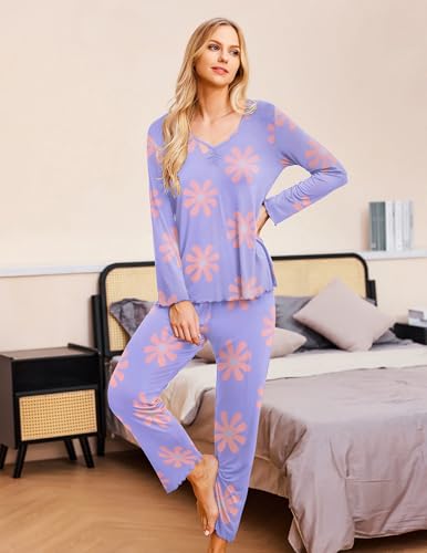 Image of Ekouaer Womens 2 Pack Pajama Set Long Sleeve Pajamas Top and Pants V Neck Pjs Set Soft Sleepwear Loungewear