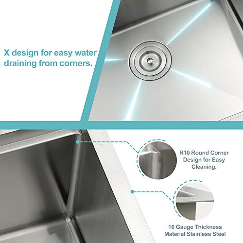 LQS Kitchen Sinks, Stainless Steel Sink, Stainless Steel Undermount Kitchen Sink 23\"x 19\", Workstation Ledge Kitchen Sinks, Undermount Small Bar and Prep Kitchen Sink, 16 Gauge Deep Single Sink Bowl - Thumbnail 5