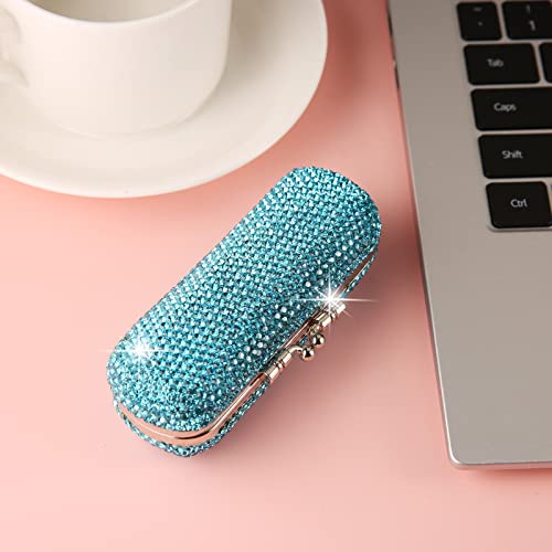 AsAlways Shiny Rhinestone Crystal Portable Lipstick Case with Mirror Portable Bling Diamonds Makeup Cosmetic Storage Holder for Travel Ladies Fashion(Sky Blue) - Image 3
