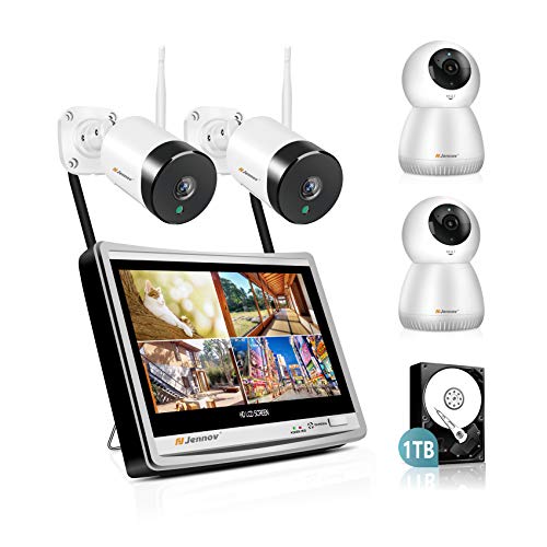 4CH 1080P Überwachungssystem mit 2x Innenkamera und 2x Außenkamera 12 Zoll Monitor 1TB Festplatte WLAN IP Dome Bullet NVR Überwachungskamera