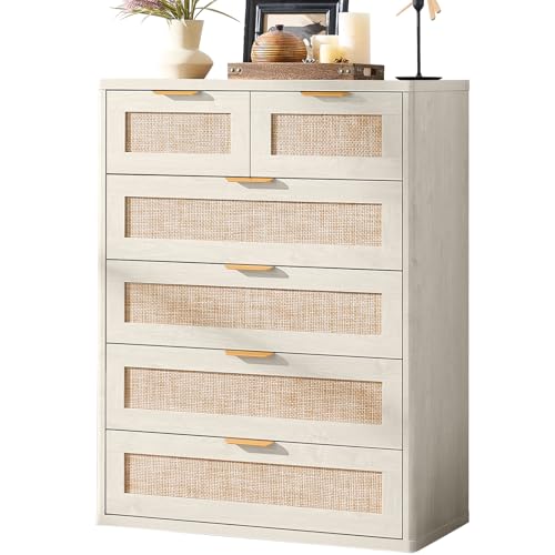 Image of LEYAOYAO White Dresser for Bedroom, 41 inch Tall Chest of Drawers, Modern 6 Drawers Boho Rattan Dressers with Storage, Dresser Wooden Closet Organizer for Living Room, Hallway