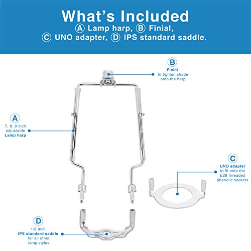 7” 8” 9” inch Adjustable Lamp Harp fits Regular Saddle Base or UNO Collar Ring Adapter for E26 phenolic Socket, Works with Any lamp Style. - Thumbnail 3