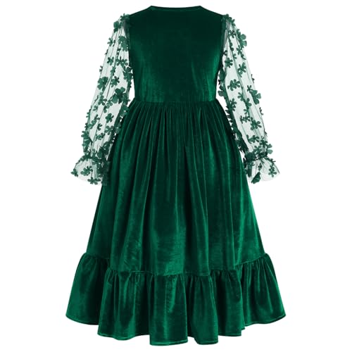 ODIZLI Kids Girls Fall Winter Xmas 3D Flower Mesh Long Puff Sleeve Velvet Ruffle Dress Wedding Flower Girl Dress2