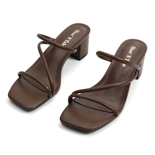 Image of Shoe'N Tale Strappy Heels For Women Low Chunky Block Heel Heeled Sandals Square Open Toe Slip On Slides Mules