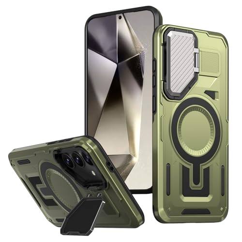Image of Bumper Case Designed for Samsung Galaxy S24 FE Kickstand Case with Camera Cover, Compatible with Magsafe Built-in Rotatable Magnetic Heavy Duty Shockproof Phone Cover - Green