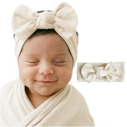 Image of Caden Lane Baby Headwrap with Knotted Bow, Soft & Stretchy Bamboo Viscose, Comfortable Infant Hairband for Newborn & Toddler Girls, Ideal Gift for Baby Shower & Milestone Celebration, Oat Beige