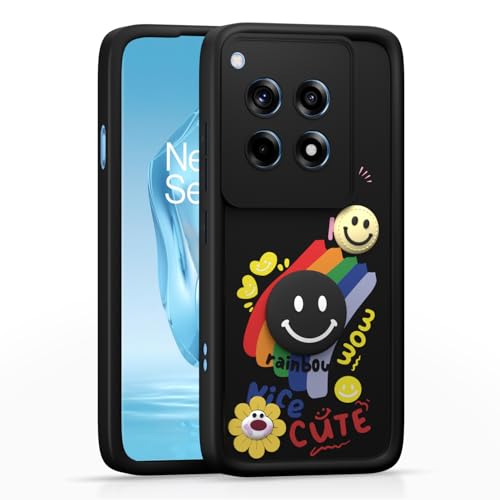Image of Pikkme Back Cover for OnePlus 12R 5G | Soft Silicone| Cute Rainbow Smile & 3D Cartoon Flower Design | Shockproof Raised Camera Protection Bumper Case (Black)
