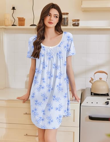 Image of Ekouaer Nightgowns for Women Short Sleeve Night Shirts Ladies Night Gown Pleated Sleep Shirts Lace Trim Sleep Dress